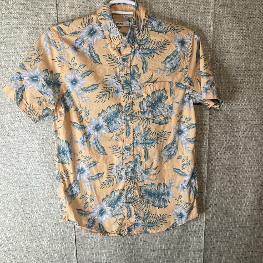 Sonoma Mens Hawaiian Shirt Short Sleeve With Medium Floral With leaves Stretch